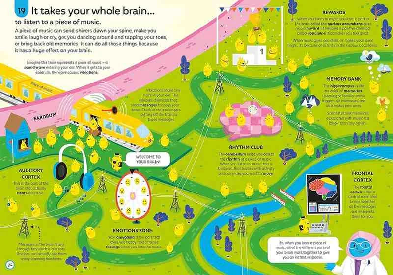 An illustrated educational infographic about how music travels through the brain, featuring colorful cartoon-style diagrams of brain regions, pathways, and labeled areas such as auditory cortex, rhythm club, and emotional zone.