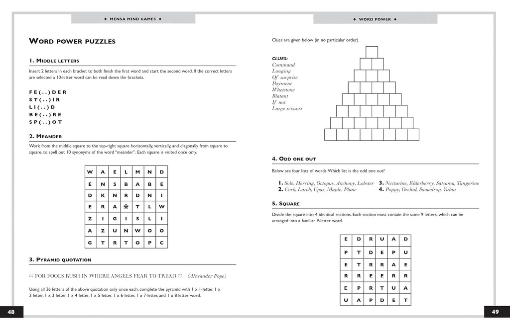 A printed puzzle worksheet titled 'WORD POWER WORD PUZZLES' with multiple text-based riddles, a word ladder chart, a pyramid clue, and a crossword grid on a white page.