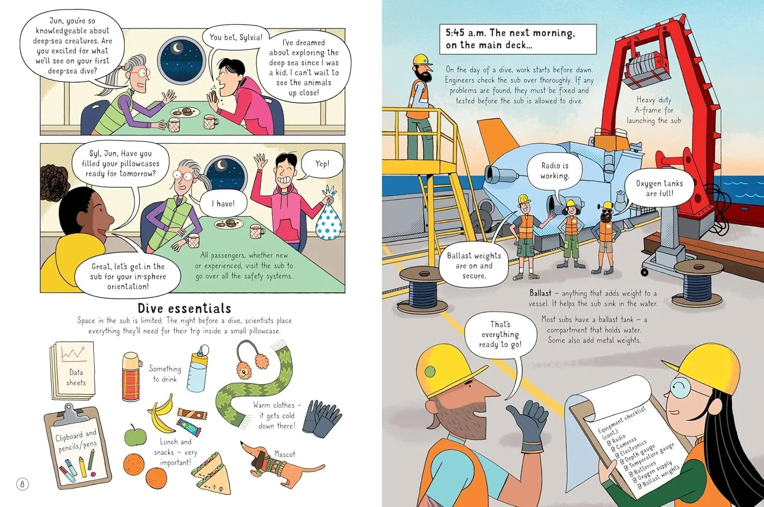 Comic strip and illustration of a diving operation with workers and equipment.