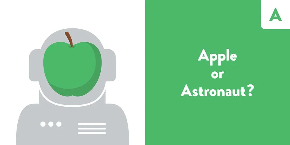 Illustration of an astronaut holding an apple with a green background and question 'Apple or Astronaut?'
