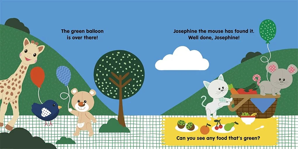 Illustrated children's book page with animals and balloons against a blue sky.