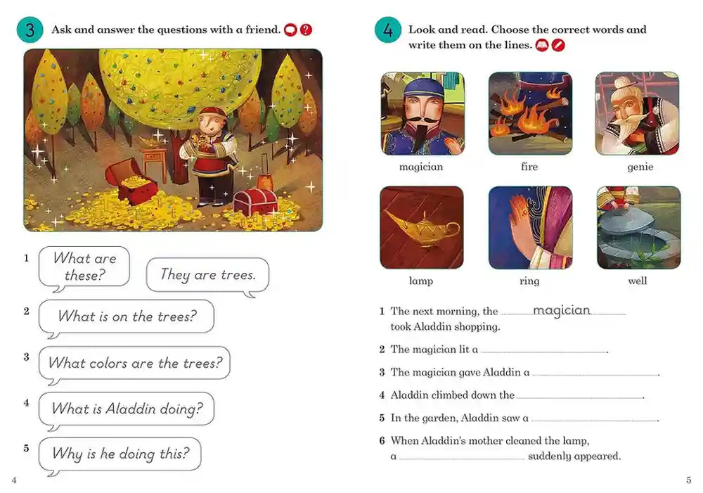 Educational page from a book with illustrations and text about Aladdin and the Magic Lamp.