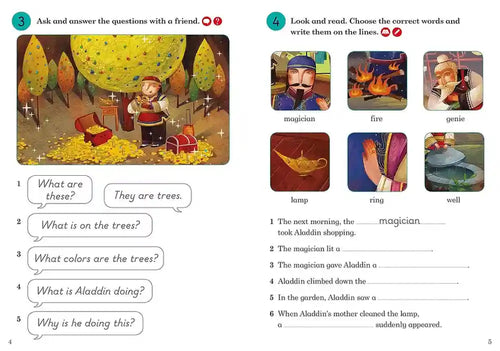 Educational page from a book with illustrations and text about Aladdin and the Magic Lamp.