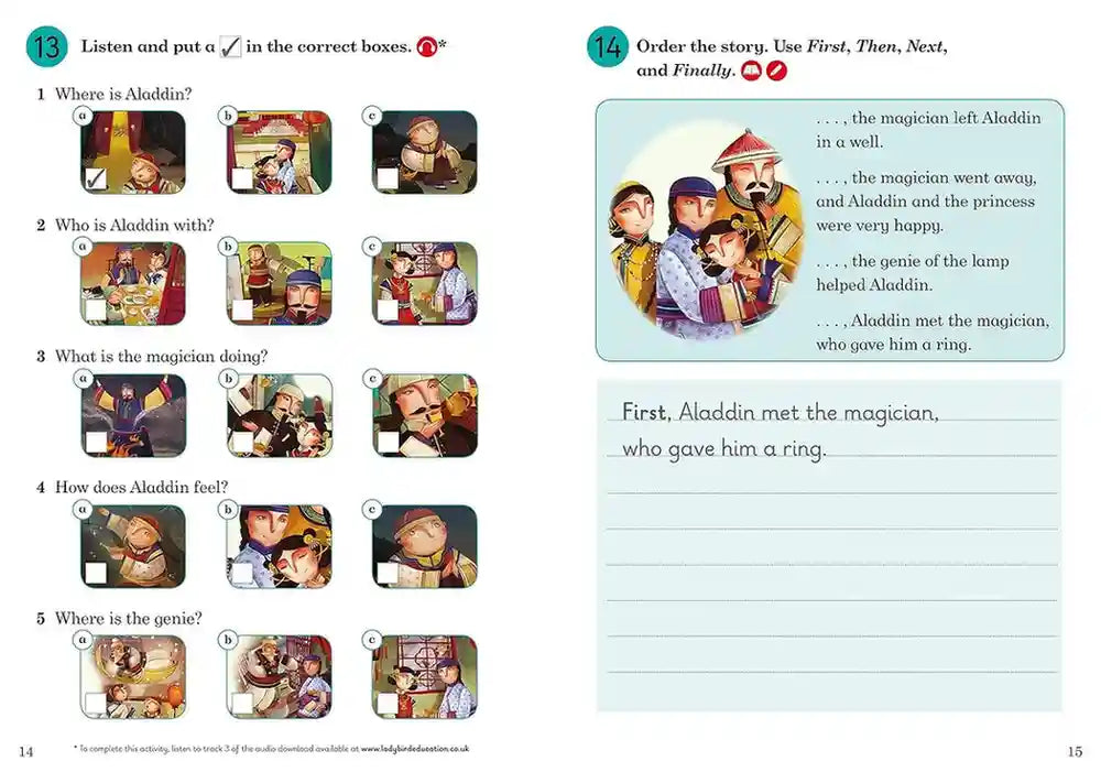 Educational book page with Aladdin story sequencing exercise and illustrations.