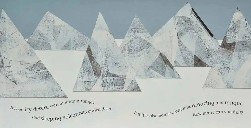 Geometric mountain range illustration with text on a gray background
