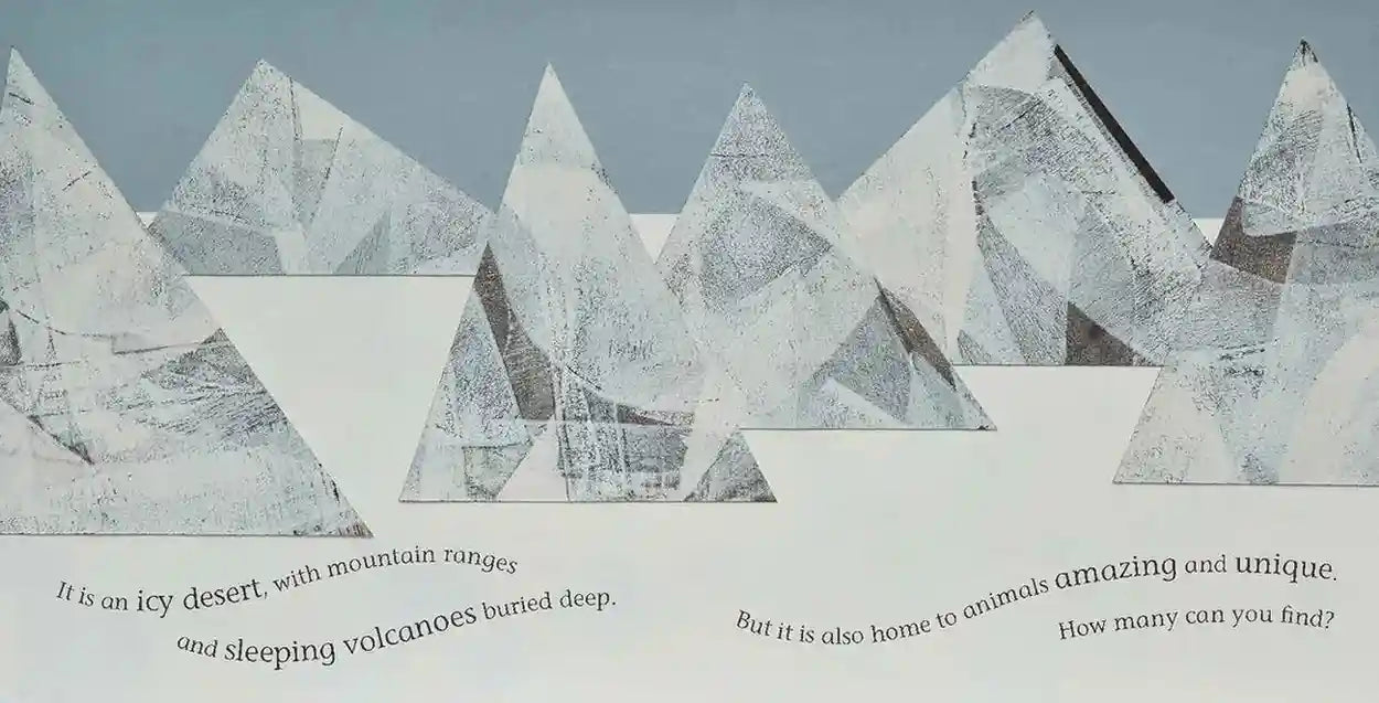 Geometric mountain range illustration with text on a gray background