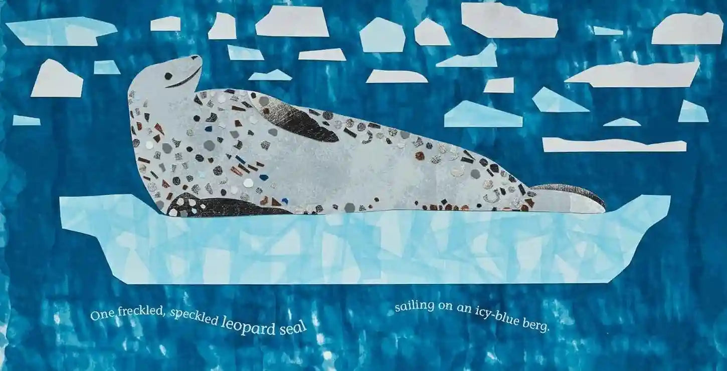 Seal on an ice floe with text on a blue background
