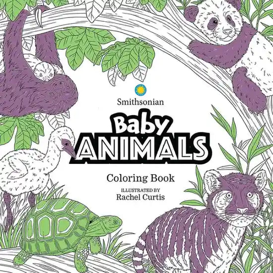 Coloring book cover with illustrations of baby animals and 'Smithsonian Baby Animals Coloring Book' text.