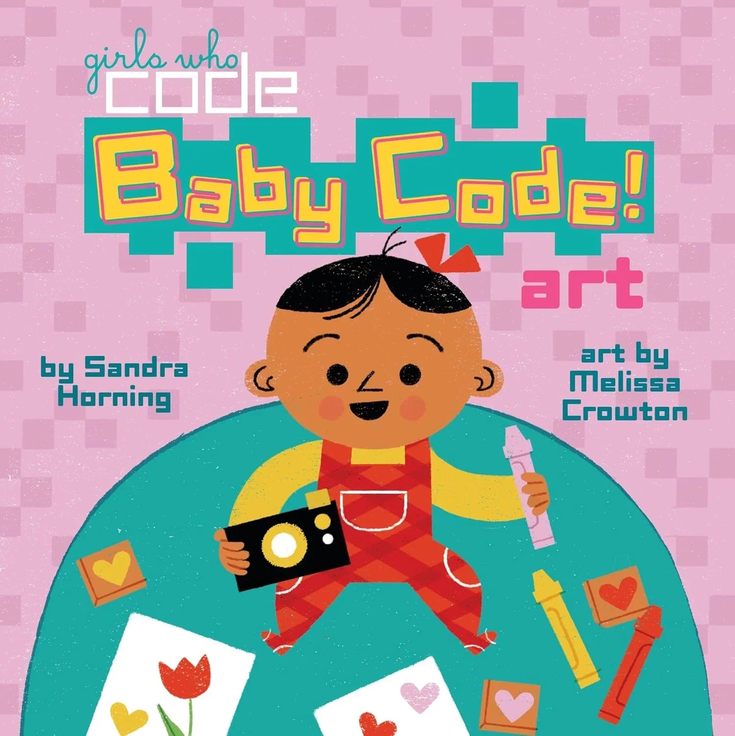 Book cover of 'Baby Code!' with a child holding coding tools on a pink and teal background.