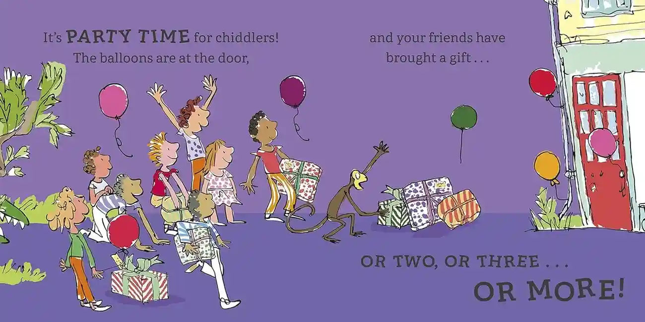 Illustration of children and balloons on a purple background with text.