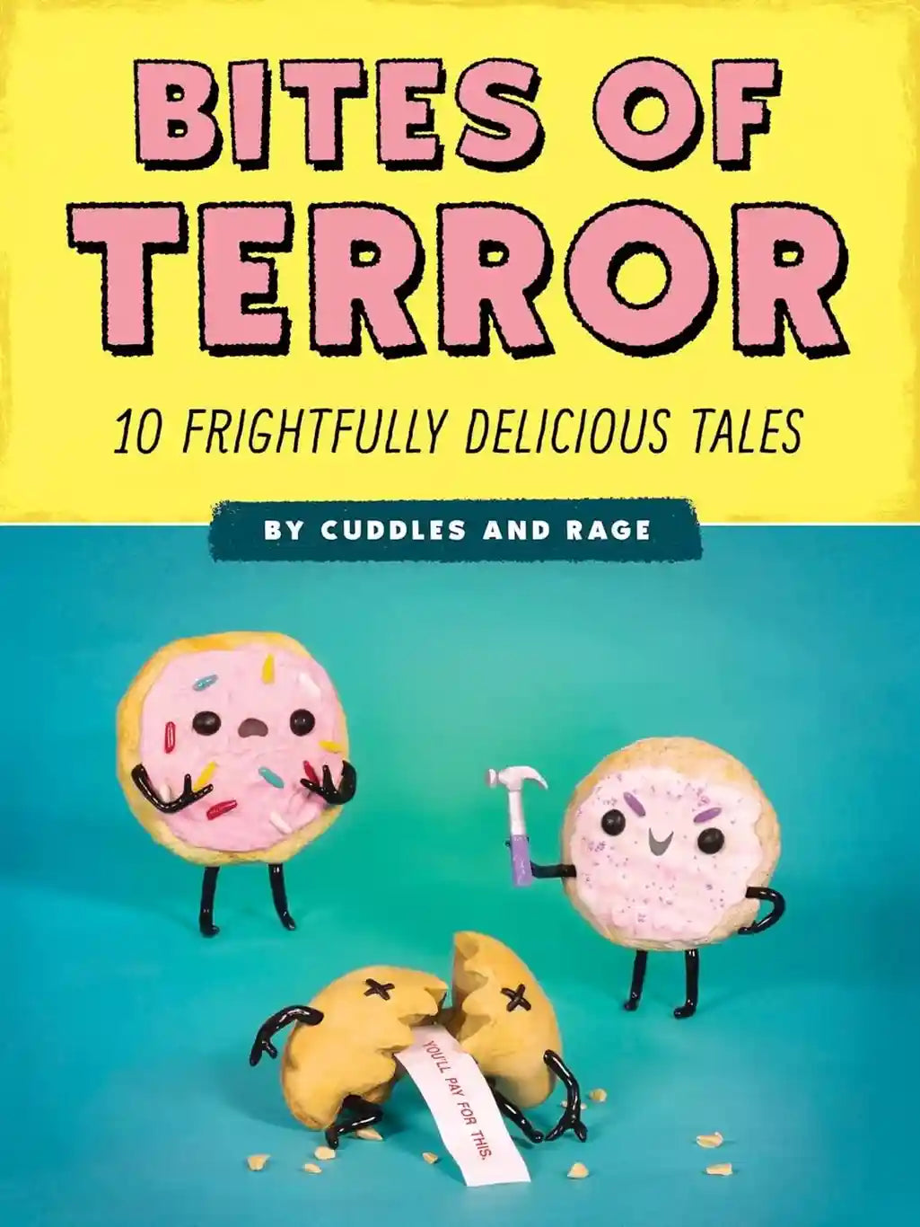 Book cover of 'Bites of Terror' with cartoon donuts on a yellow and blue background