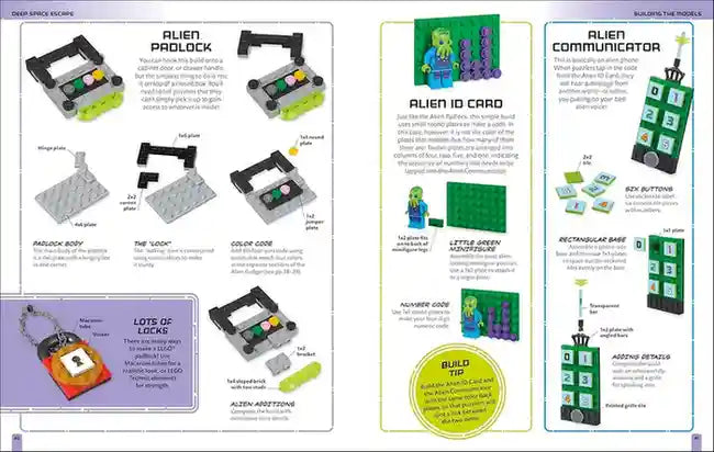 Instructions for building alien-themed LEGO pieces on a white background