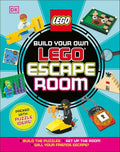 Book cover of 'Build Your Own LEGO Escape Room' with LEGO characters and puzzles on a blue background.