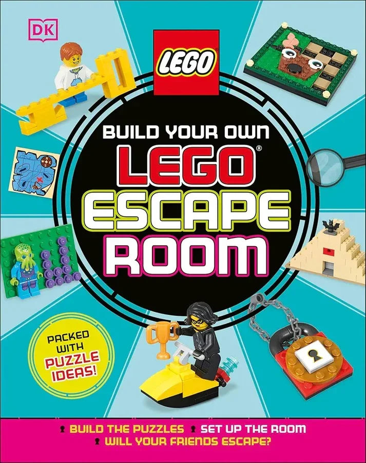 Book cover of 'Build Your Own LEGO Escape Room' with LEGO characters and puzzles on a blue background.