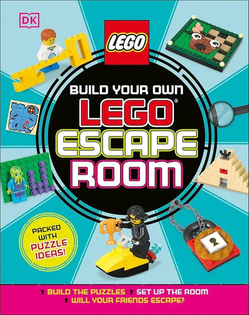Book cover of 'Build Your Own LEGO Escape Room' with LEGO characters and puzzles on a blue background.