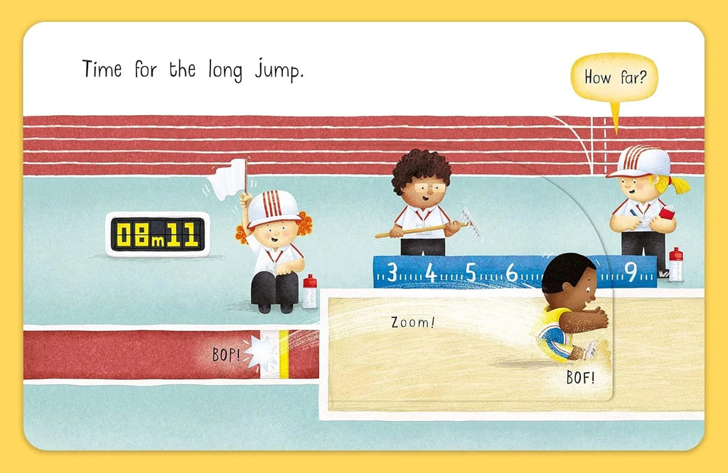 Illustration of a long jump event with cartoon characters and a timer.