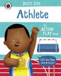 Book cover of 'Busy Day Athlete' with a child in athletic gear and gold medal.