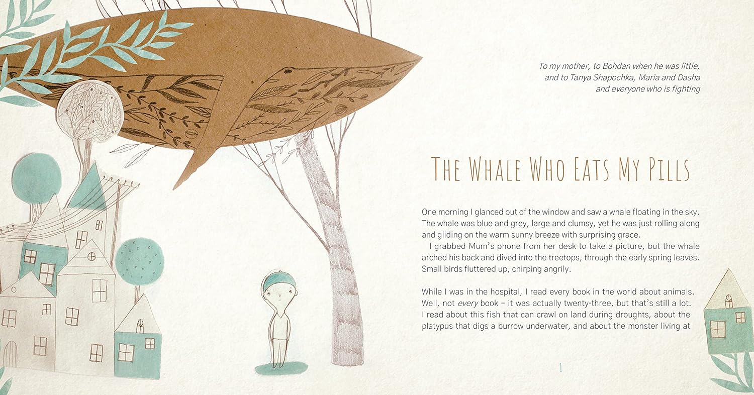 A children's book spread featuring an illustration of a large brown speech bubble shaped like a whale, with the title 'The Whale Who Eats My Pills' and a long block of text on a cream background with simple house and tree drawings.