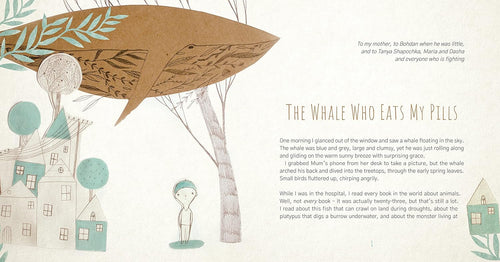 A children's book spread featuring an illustration of a large brown speech bubble shaped like a whale, with the title 'The Whale Who Eats My Pills' and a long block of text on a cream background with simple house and tree drawings.