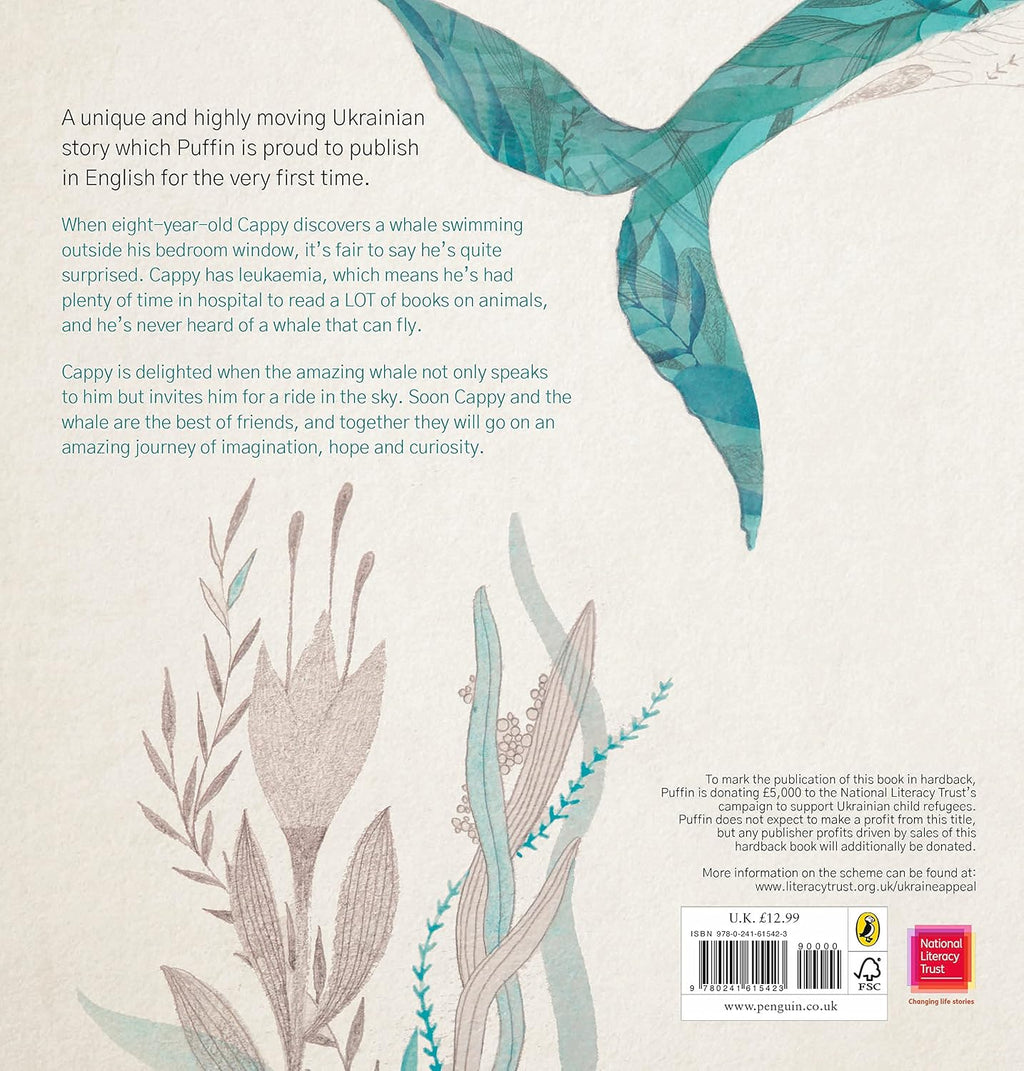 Back cover of the children's book 'Cappy and the Whale' published by Penguin Books, featuring a whimsical illustration of a teal whale swimming among stylized pink and green seaweed on a textured off-white background.