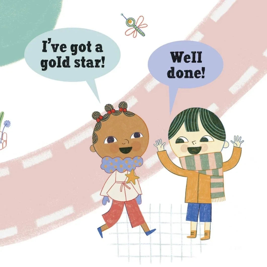 A whimsical illustrated scene of two children walking outdoors with speech bubbles reading 'I've got a gold star!' and 'Well done!'. The artwork uses soft pastel colors, including pink, beige, blue, green, and yellow, with a stylized road and small dragonfly detail in the background.