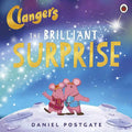 Book cover of 'The Clangers: The Brilliant Surprise' with two pink characters on a snowy background.