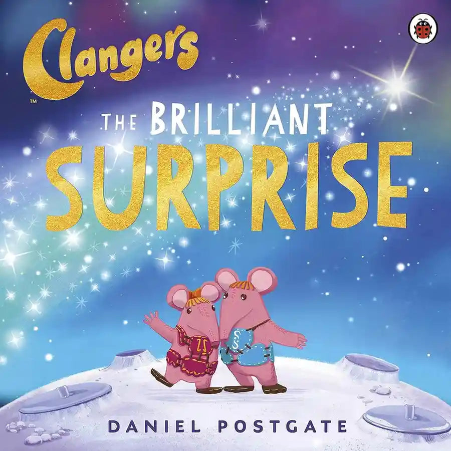 Book cover of 'The Clangers: The Brilliant Surprise' with two pink characters on a snowy background.