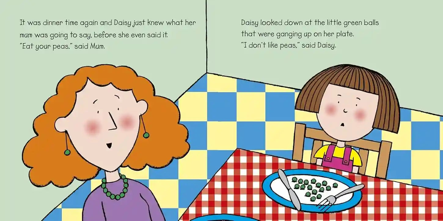 Illustration of two children at a table with a checkered tablecloth, one child refusing to eat peas.
