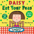 Book cover of 'Daisy Eat Your Peas' with a child at a table on a yellow background.