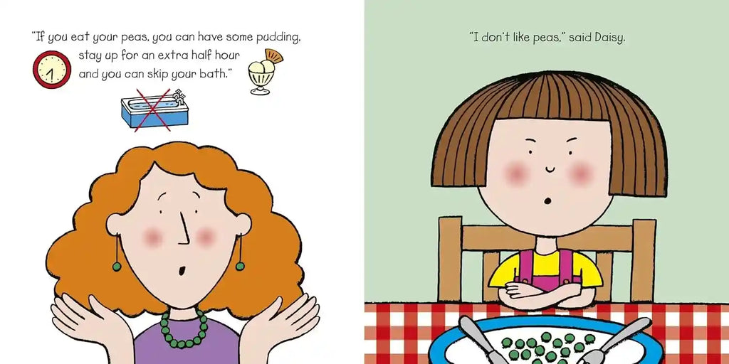 Illustration from a children's book with two characters at a table, one with red hair and the other with brown hair, on a checkered tablecloth.
