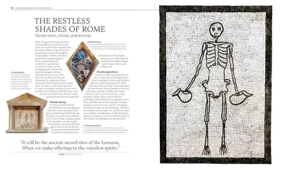 Article page with a mosaic of a skeleton and text about Roman times, mortes, and levures.