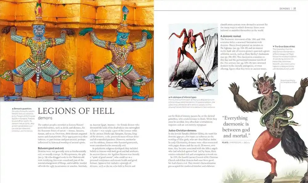 Illustrations of legions of hell with descriptive text on a magazine or book page.