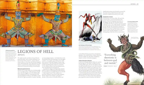 Illustrations of legions of hell with descriptive text on a magazine or book page.