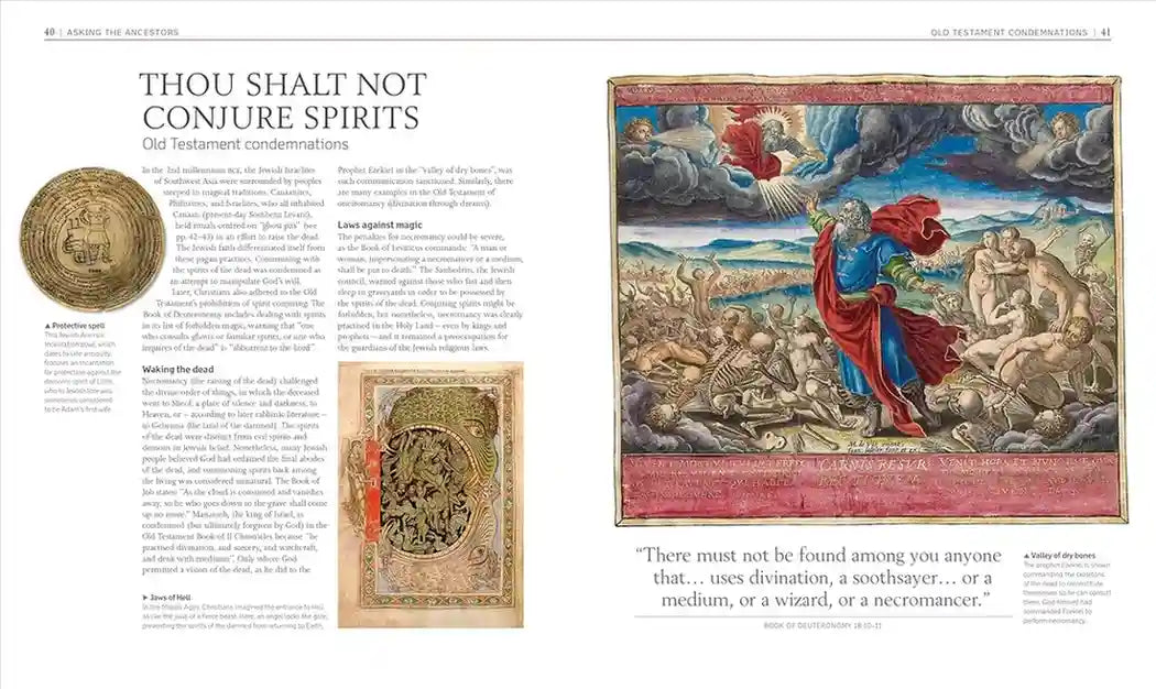 Page from a book with religious text and illustrations of a figure in a red robe and a seal.