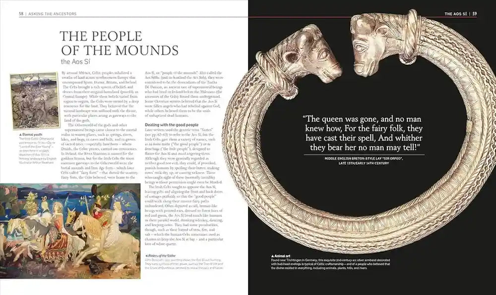 Book page with decorative metal ring and text on a black background