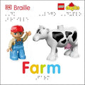 LEGO Duplo farm set with a boy figure and cow on a DK Braille book cover.