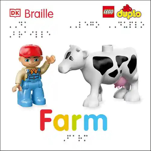 LEGO Duplo farm set with a boy figure and cow on a DK Braille book cover.