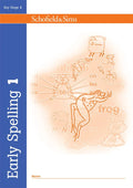 Book cover of 'Early Spelling 1' by Schofield & Sims with educational illustrations on a white background.