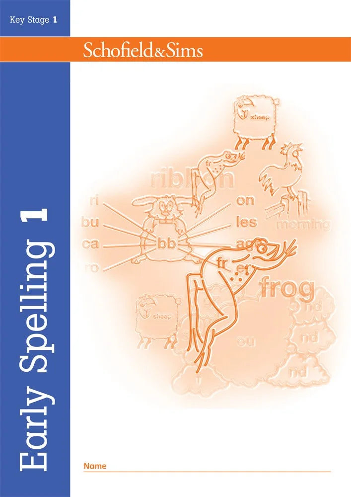Book cover of 'Early Spelling 1' by Schofield & Sims with educational illustrations on a white background.