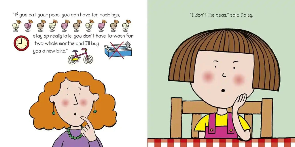 Illustration from a children's book with two characters sitting at a table, one with red hair and the other with brown hair.