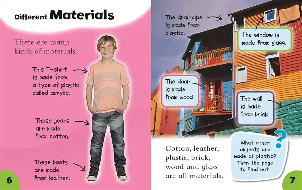 Educational page about different materials with a boy and examples of materials on a colorful background.