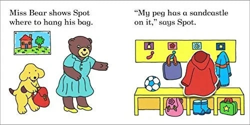 Illustration of a bear and dog with a peg and bag in a room.