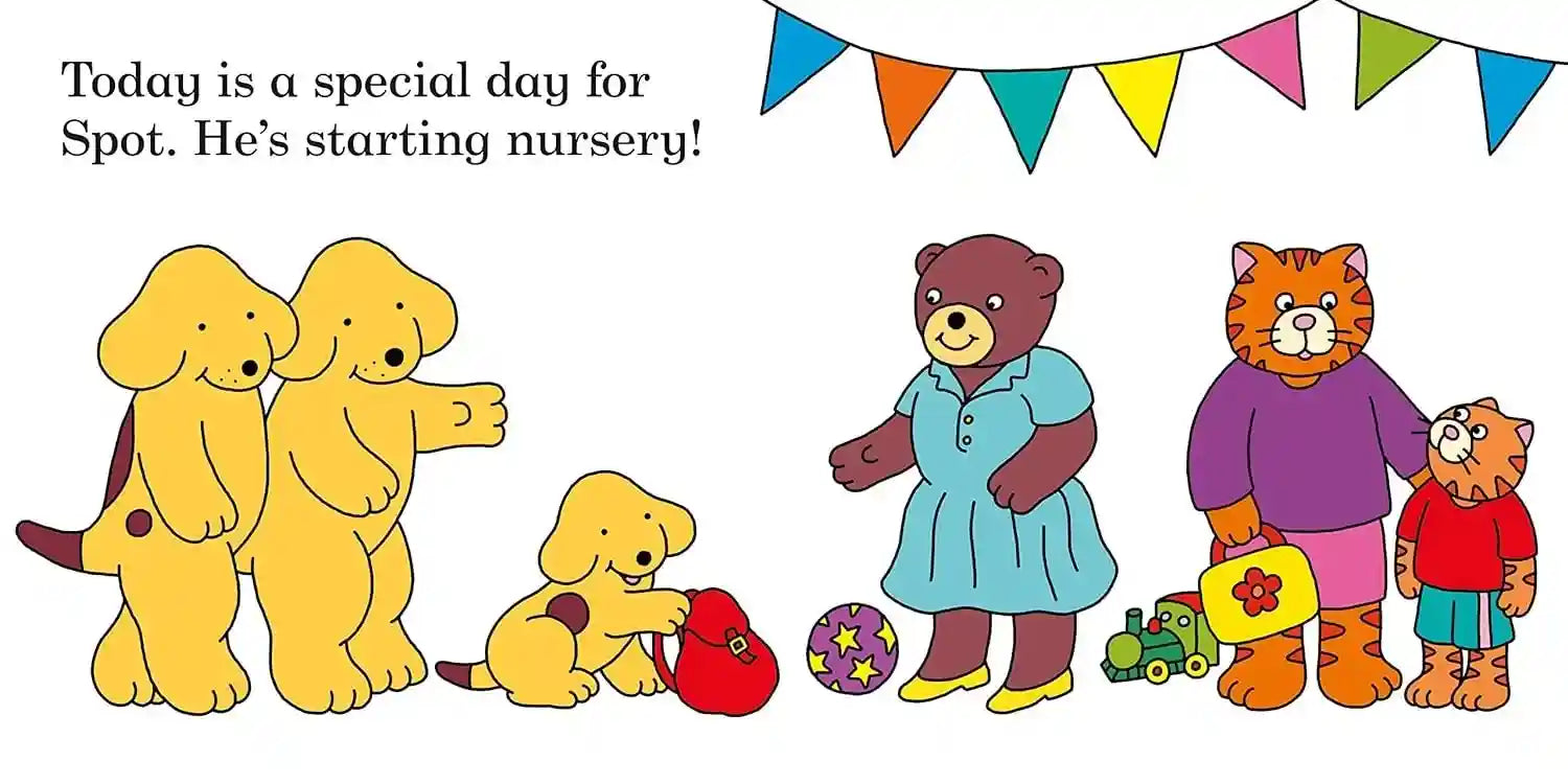 Illustration of dogs and a bear with colorful bunting, celebrating Spot's start to nursery.