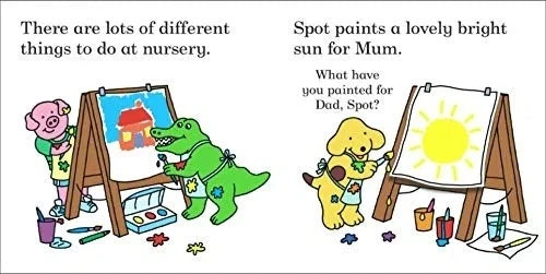 Illustration of children painting at a nursery with a dinosaur and dog character.