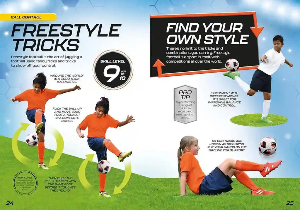 Page from a book or magazine about freestyle football tricks with children playing soccer.