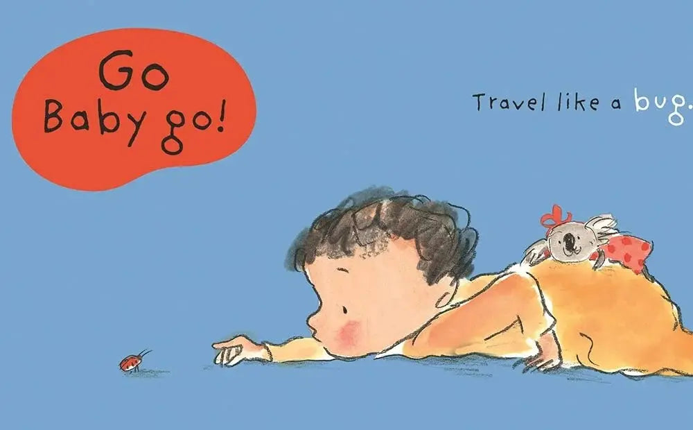 Illustration of a baby and a koala with text 'Go Baby go! Travel like a bug.' on a blue background