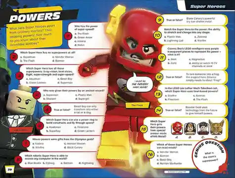 LEGO Super Heroes power chart with a superhero figure and questions