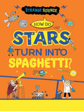 Book cover of 'Strange Science' with cartoon characters and space-themed illustrations on an orange background.