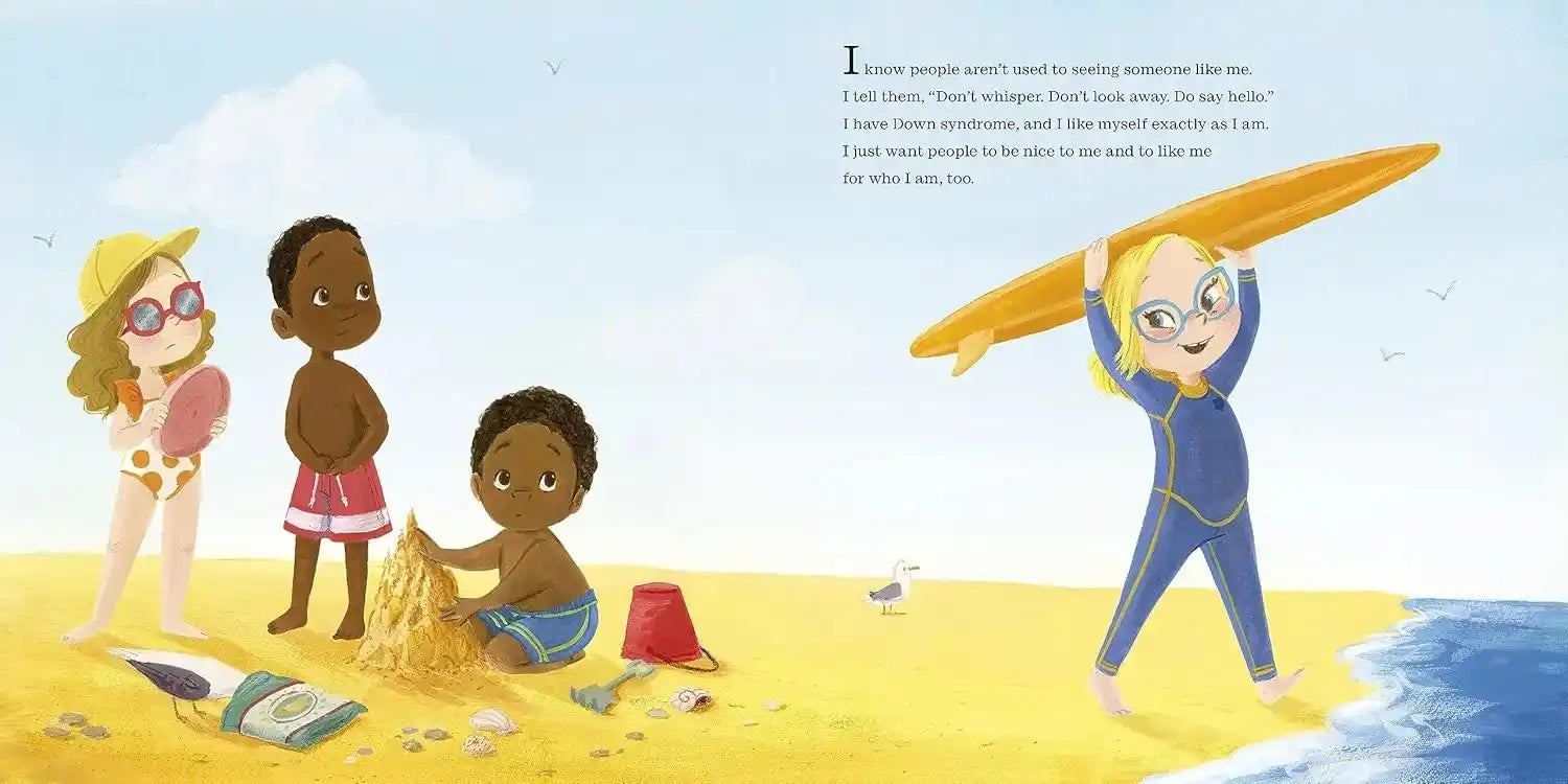 Illustration of children at the beach with a child holding a surfboard.