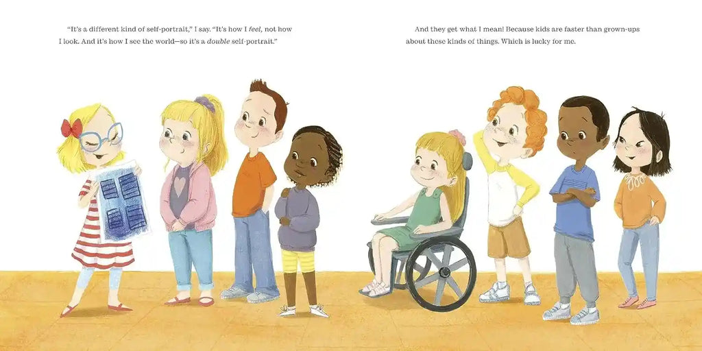 Illustration of children with and without disabilities standing together on a yellow floor.